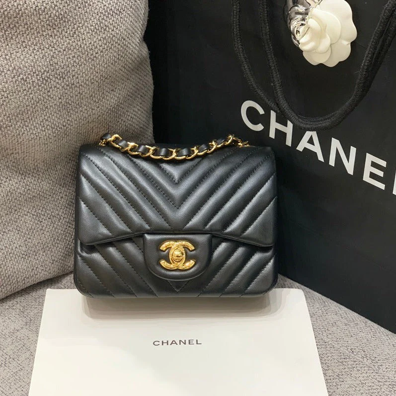 CHANEL MINI SQUARE FLAP BAG 17CM BLACK LAMBSKIN CHEVRON GOLD HARDWARE