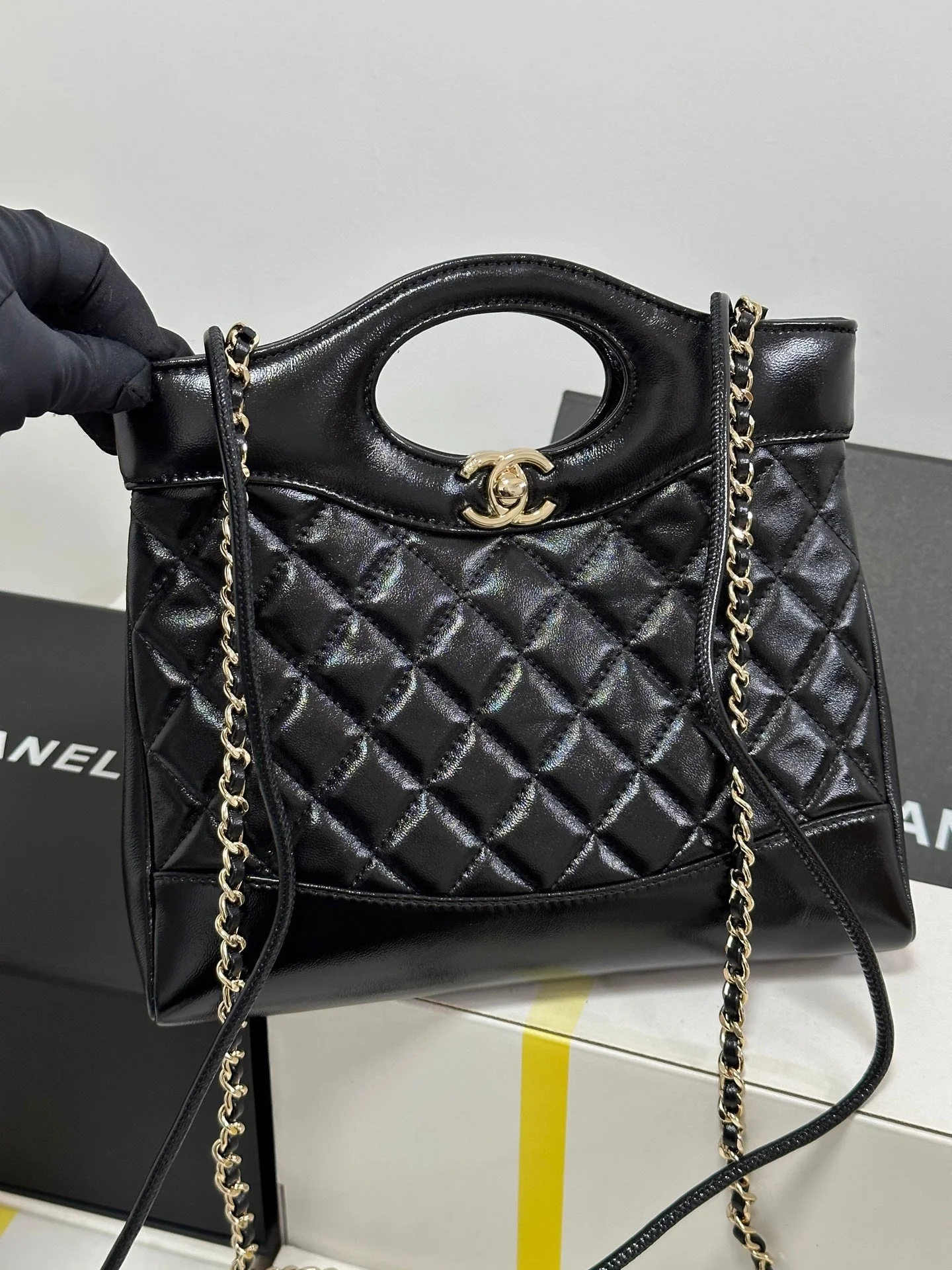 CHANEL 25P Mini 31 Bag Black Waxed Sheepskin Gold Hardware 243582