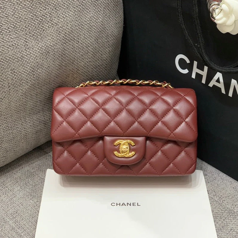 CHANEL MINI RECTANGLE FLAP BAG 20CM BURGUNDY LAMBSKIN GOLD HARDWARE