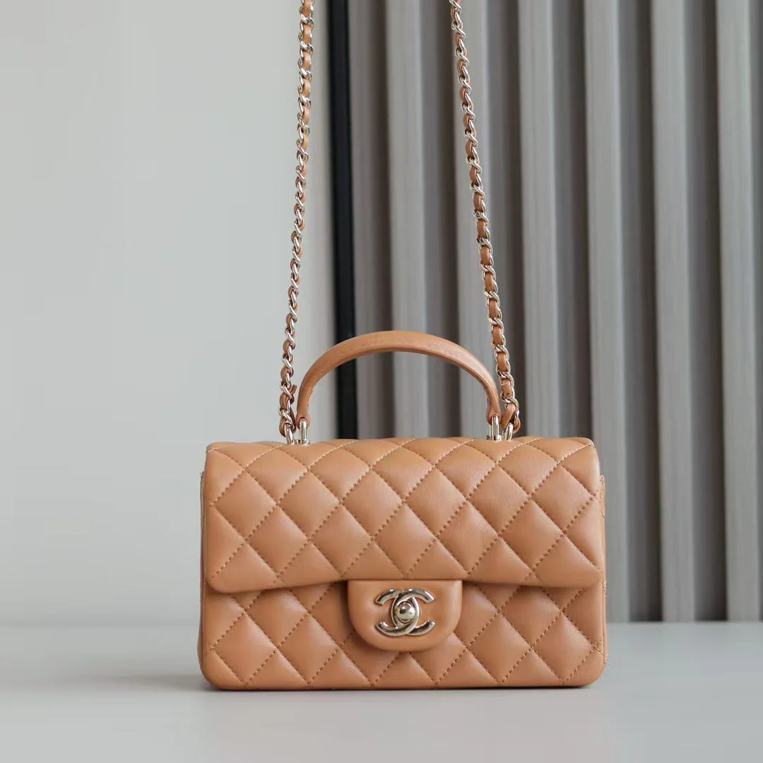 CHANEL Mini Flap Bag With Top Handle 20cm Brown Lambskin Light Gold Hardware