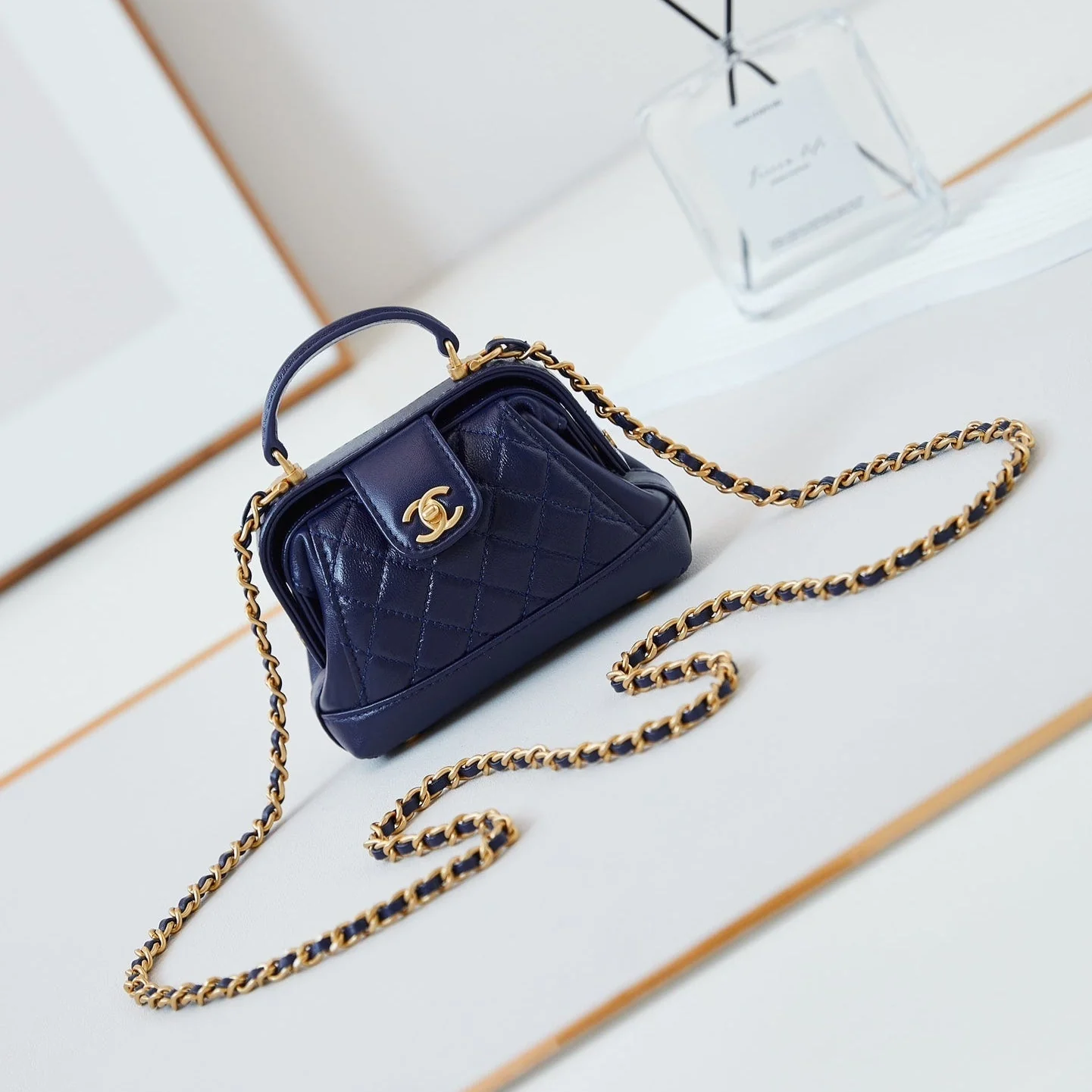 CHANEL 24A Mini Top Handle 13cm Night Blue Wax Leather Gold Hardware 238459