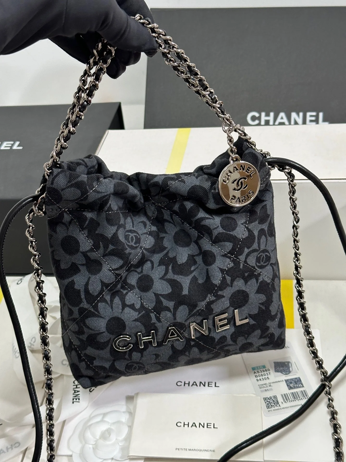 CHANEL 22 Bag Mini Gray Black Camellia Pattern Demin Silver Hardware 243630
