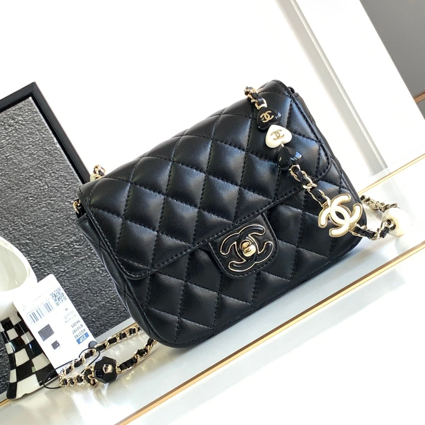 CHANEL MINI SQUARE FLAP BAG 17CM BLACK LAMBSKIN LIGHT GOLD HARDWARE