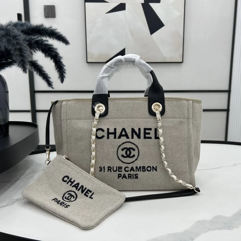 CHANEL Deauville Tweed Bag 33x26x15.5cm Black Leather Gold Hardware 35
