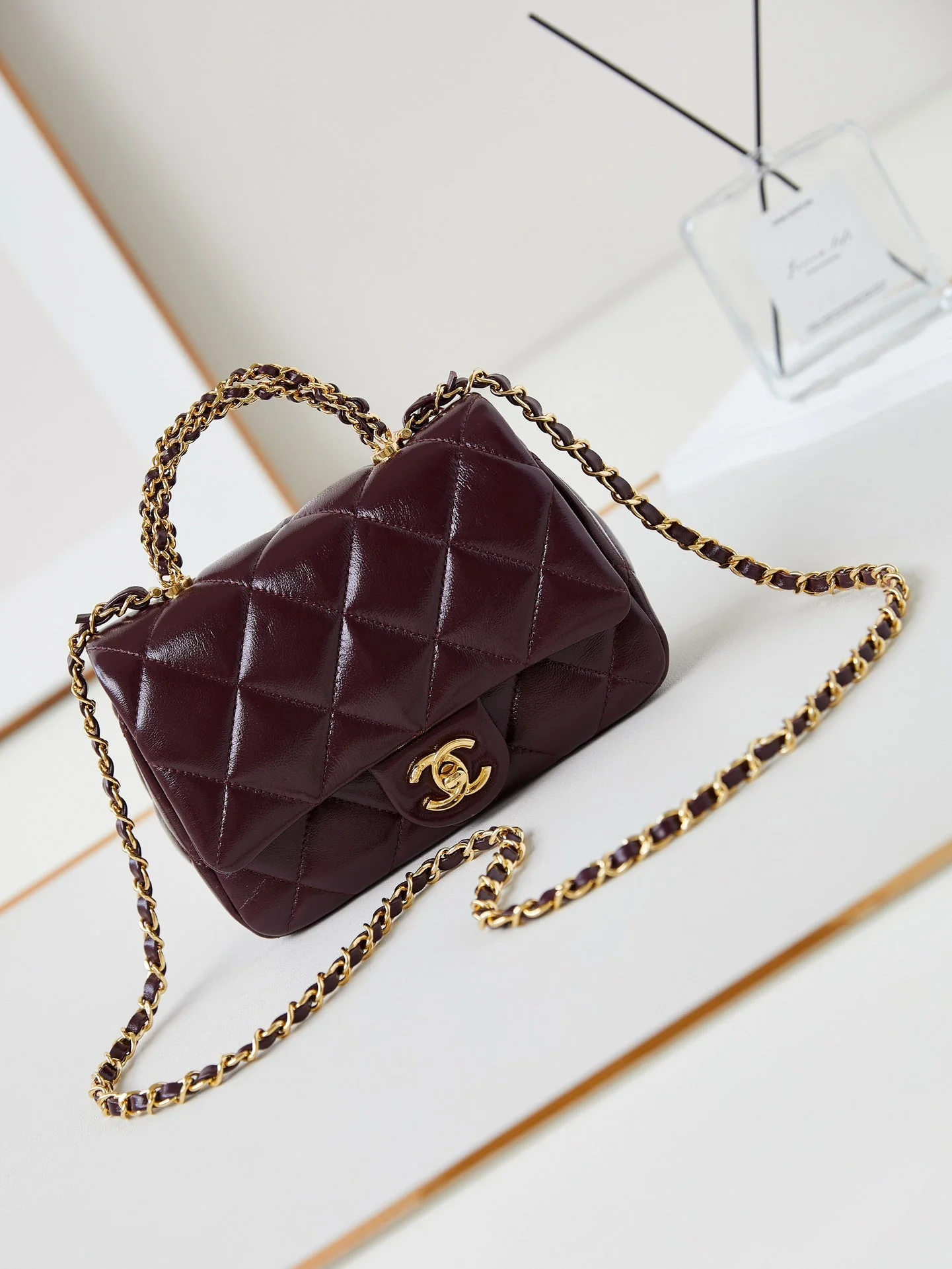 CHANEL Flap Bag With Top Handle 19cm Wine Red Sheepskin Gold Hardware 238483