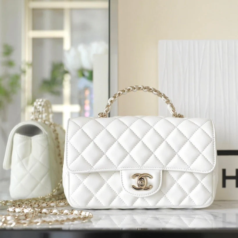 CHANEL MINI RECTANGLE FLAP BAG TOP HANDLE 20CM WHITE LAMBSKIN SILVER HARDWARE