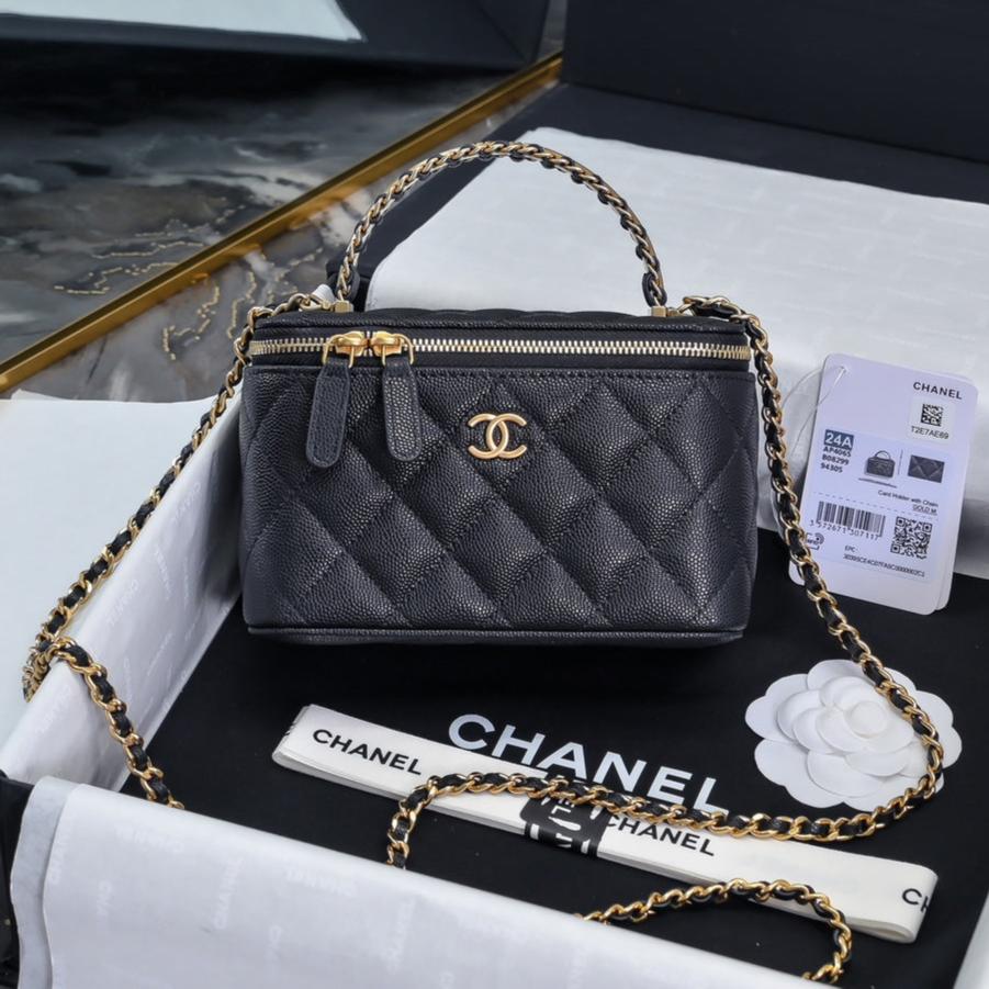 CHANEL 24A Vanity Top Handle 16cm Black Grained Calfskin Gold Hardware