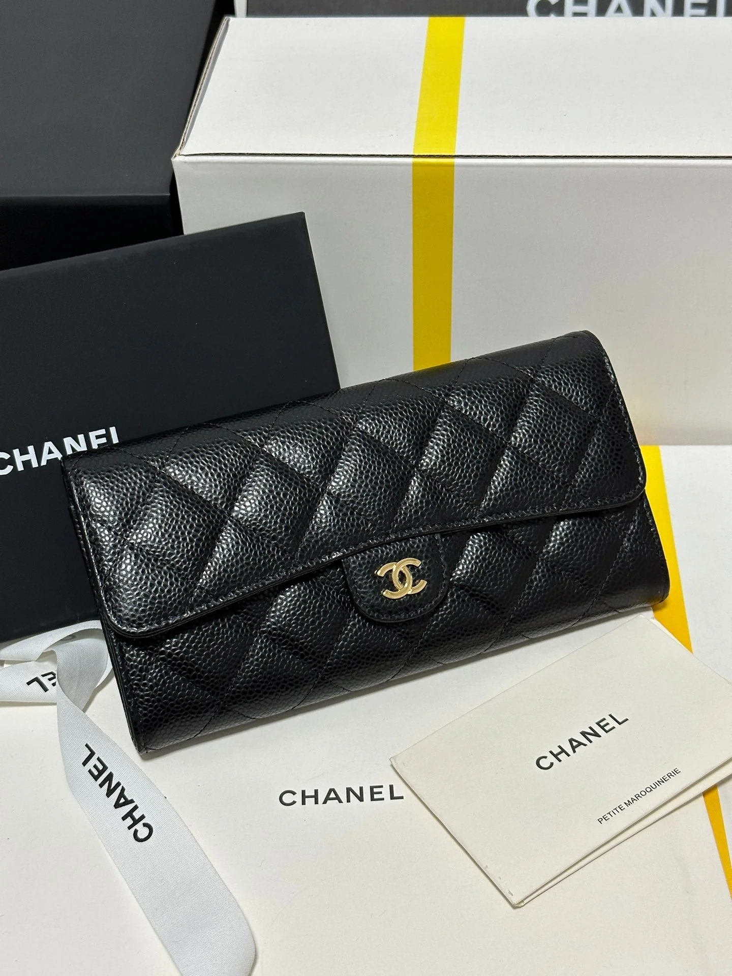 CHANEL Classic Long Flap Wallet Black Quilted Caviar Gold Buckle 243676