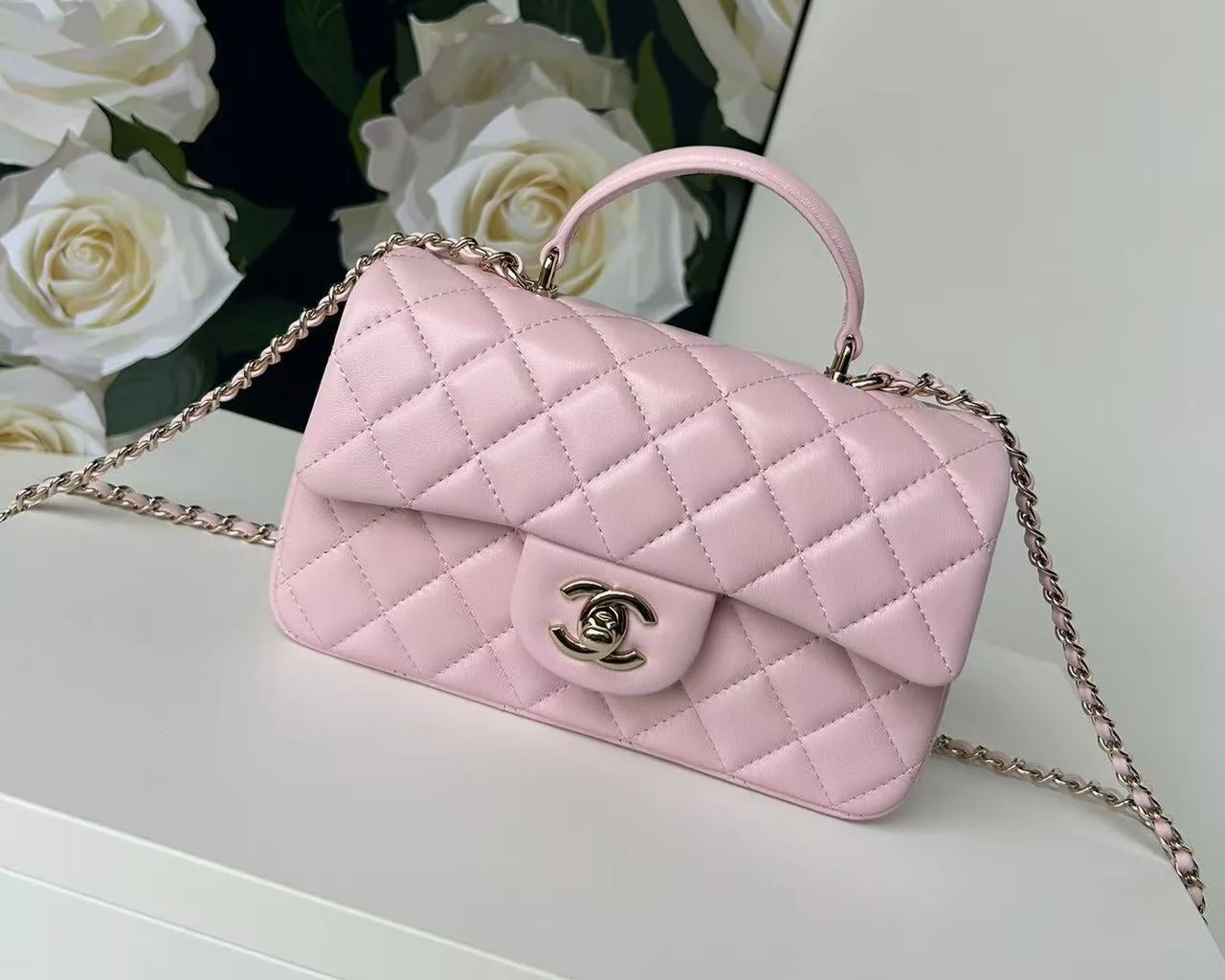 CHANEL Mini Flap Bag Pink With Top Handle Lambskin Light Gold Hardware