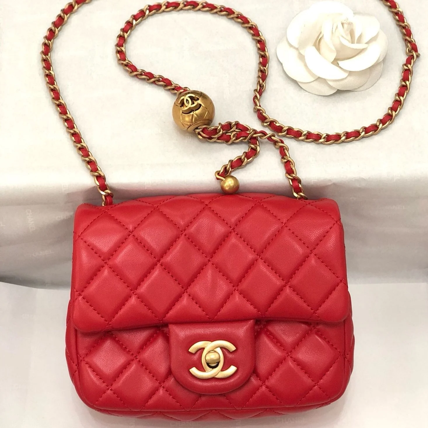 CHANEL MINI SQUARE CLASSIC FLAP BAG 17CM RED LAMBSKIN GOLD HARDWARE