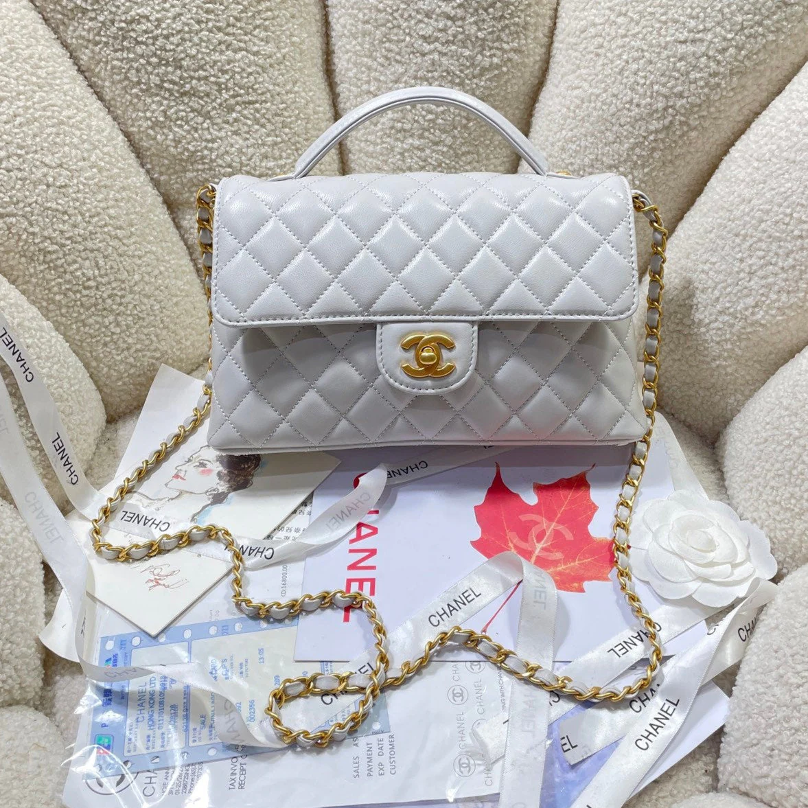 CHANEL 25P Medium Flap Bag 25cm Top Handle Grey Calfskin Gold Hardware