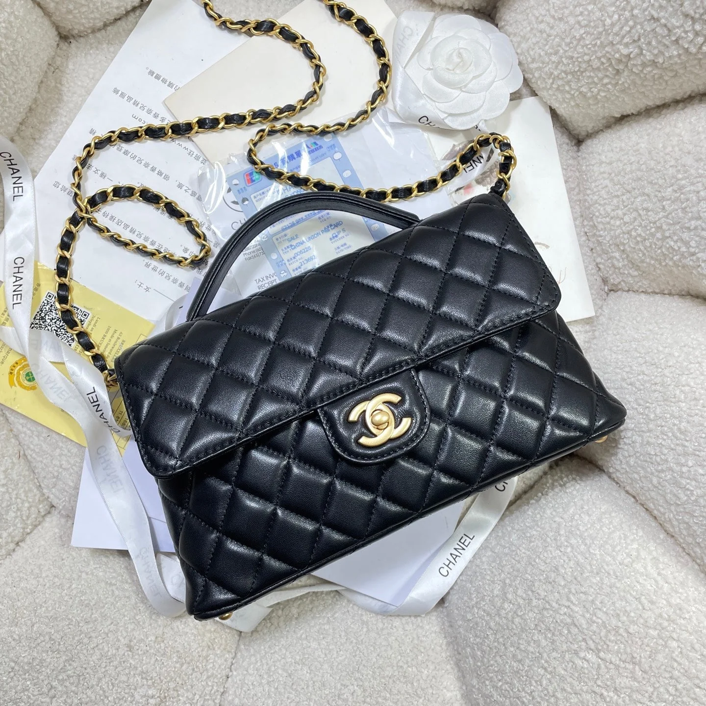 CHANEL 25P Medium Flap Bag 25cm Top Handle Black Calfskin Gold Hardware