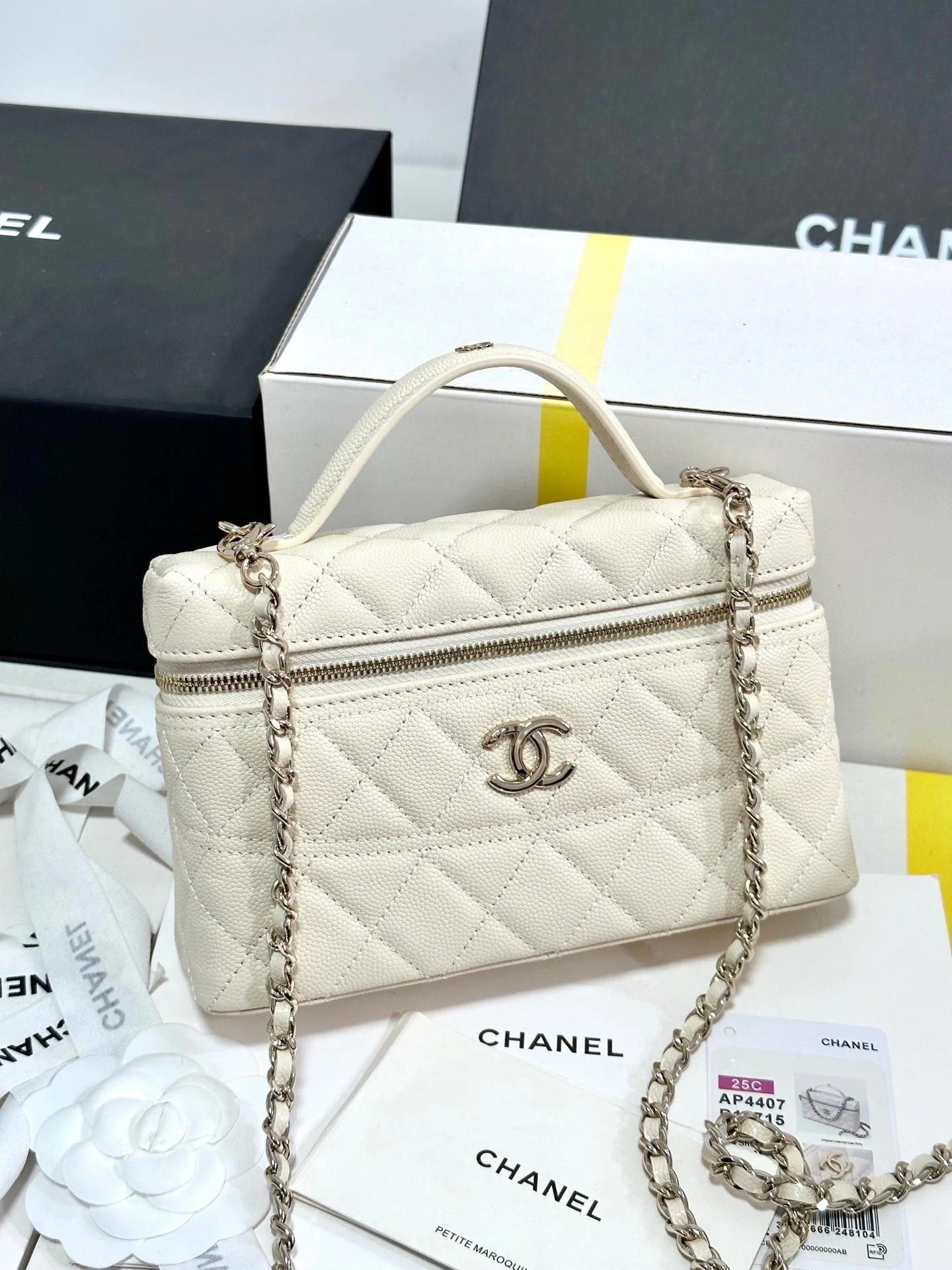 CHANEL 25C Vanity Case Ivory White Calf Leather Silver Hardware 243660
