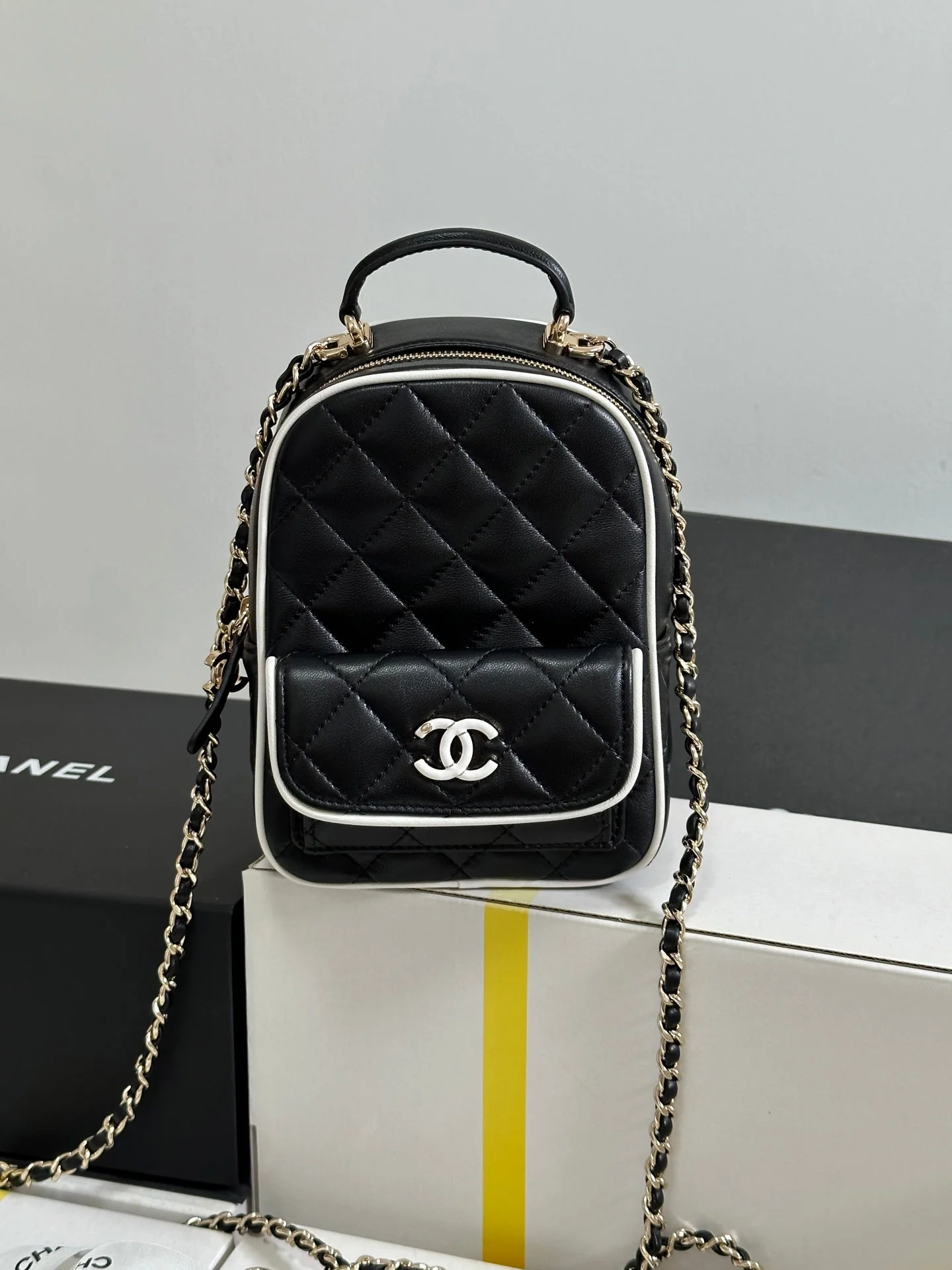 CHANEL 25P Mini Backpack 18 Black White Lambskin Gold Hardware 243528