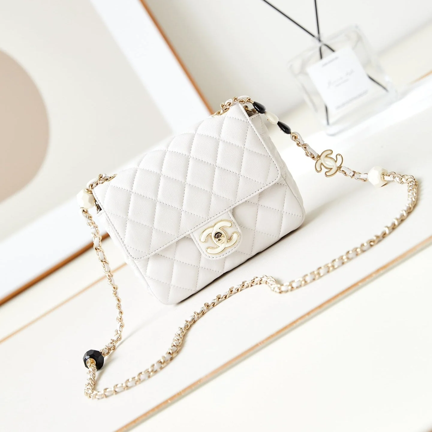 CHANEL Classic Mini Flap Bag 16cm White Lambskin Enamel Buckles 238449