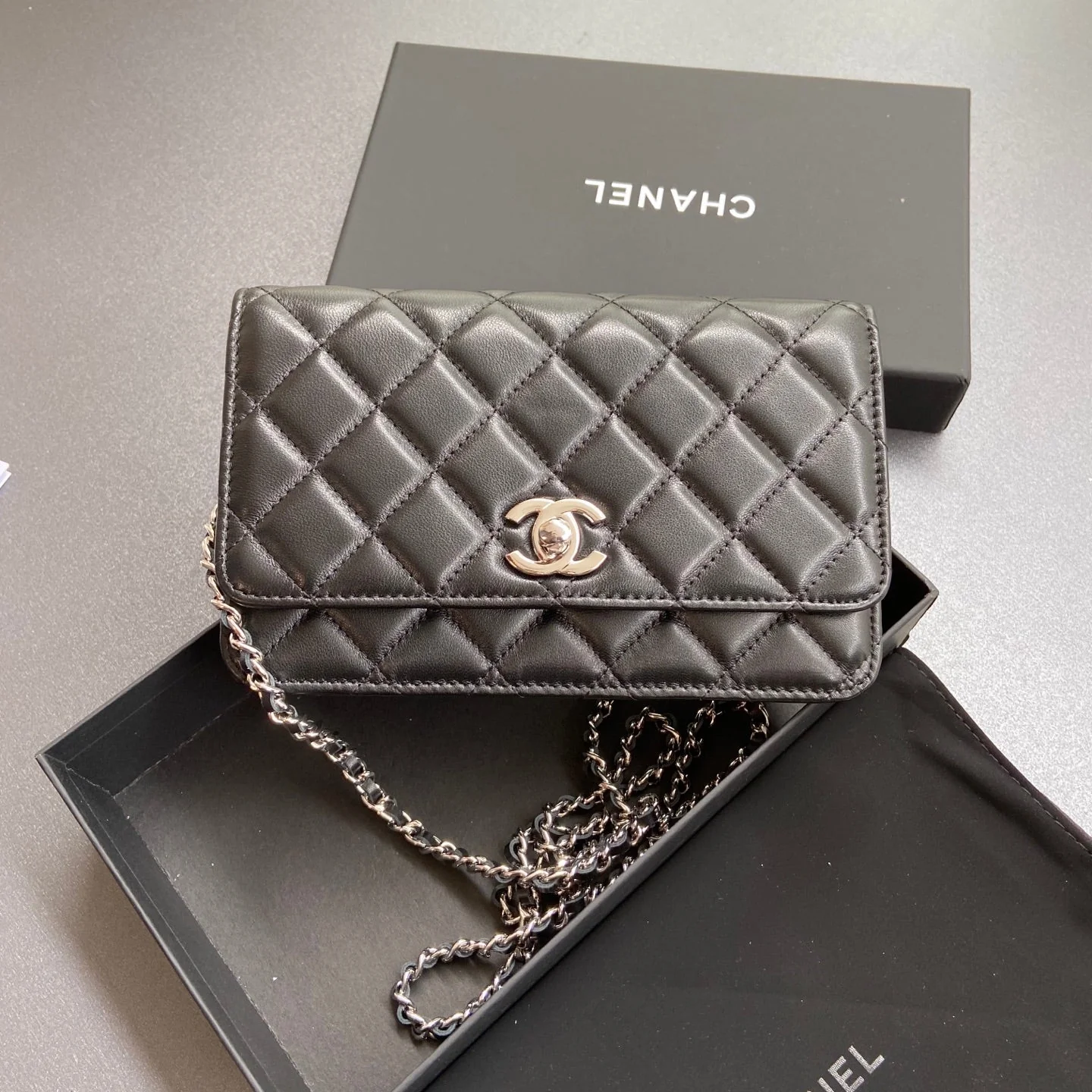 CHANEL Wallet On Chain 20cm Black Lambskin Light Gold Hardware 240166