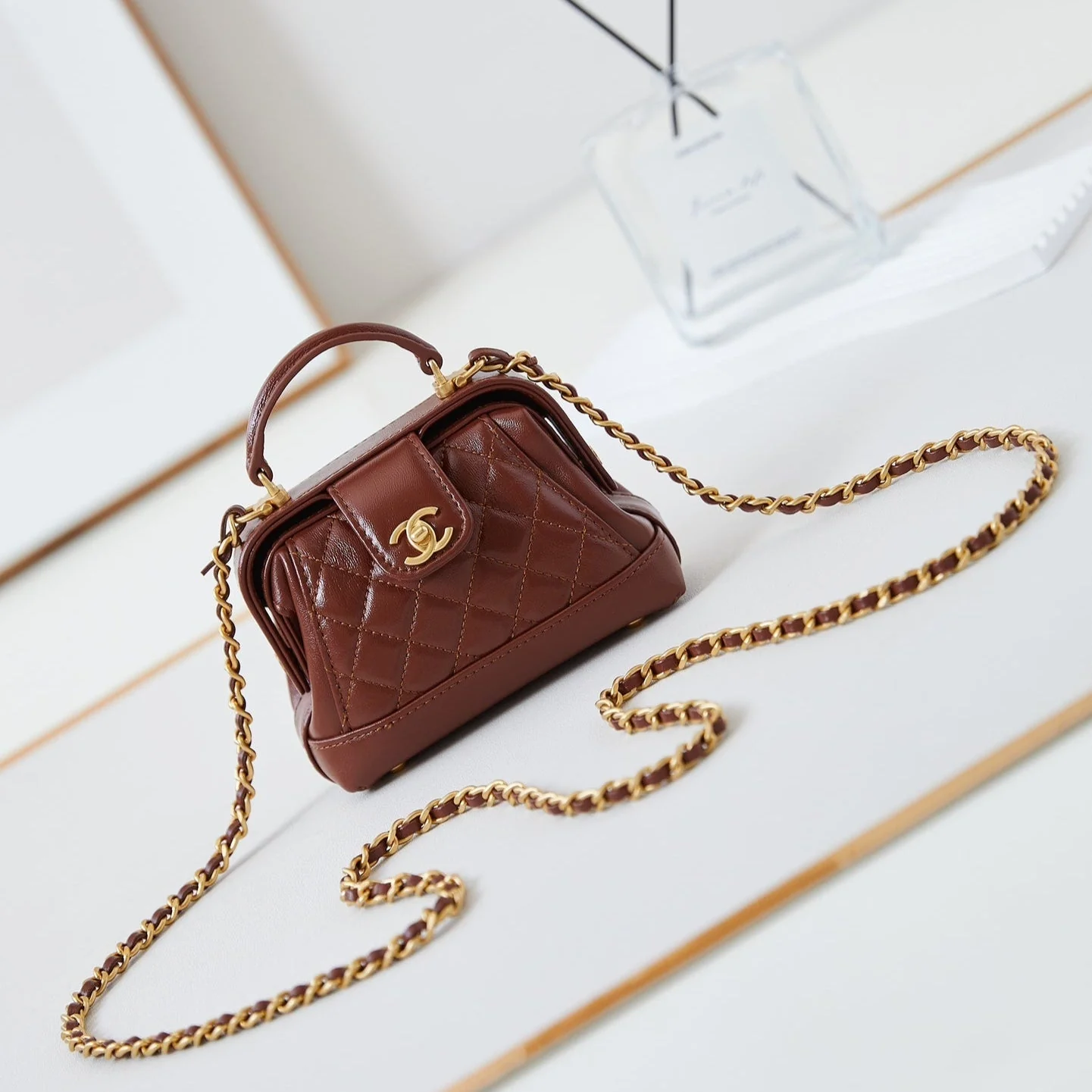 CHANEL 24A Mini Top Handle 13cm Brown Wax Leather Gold Hardware 238463