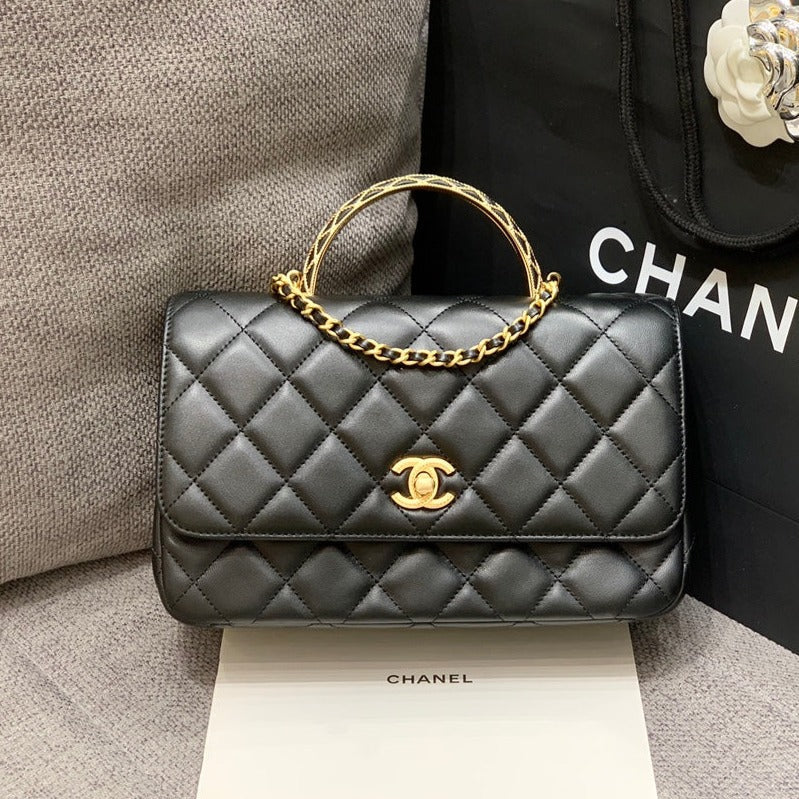 CHANEL SMALL FLAP BAG 24CM TOP HANDLE BLACK LAMBSKIN GOLD HARDWARE