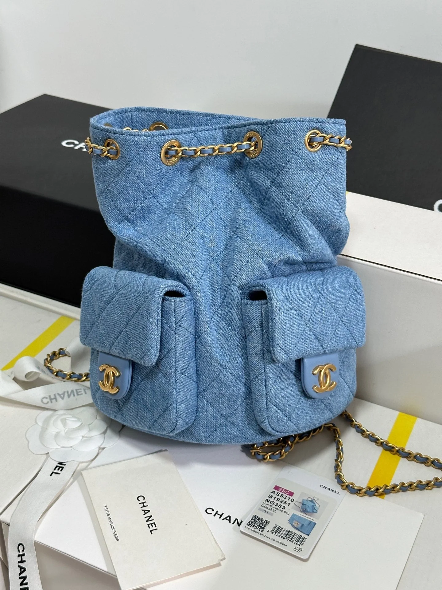 CHANEL 25C Backpack 24.3cm Demin Blue Washed denim Gold Hardware 243645