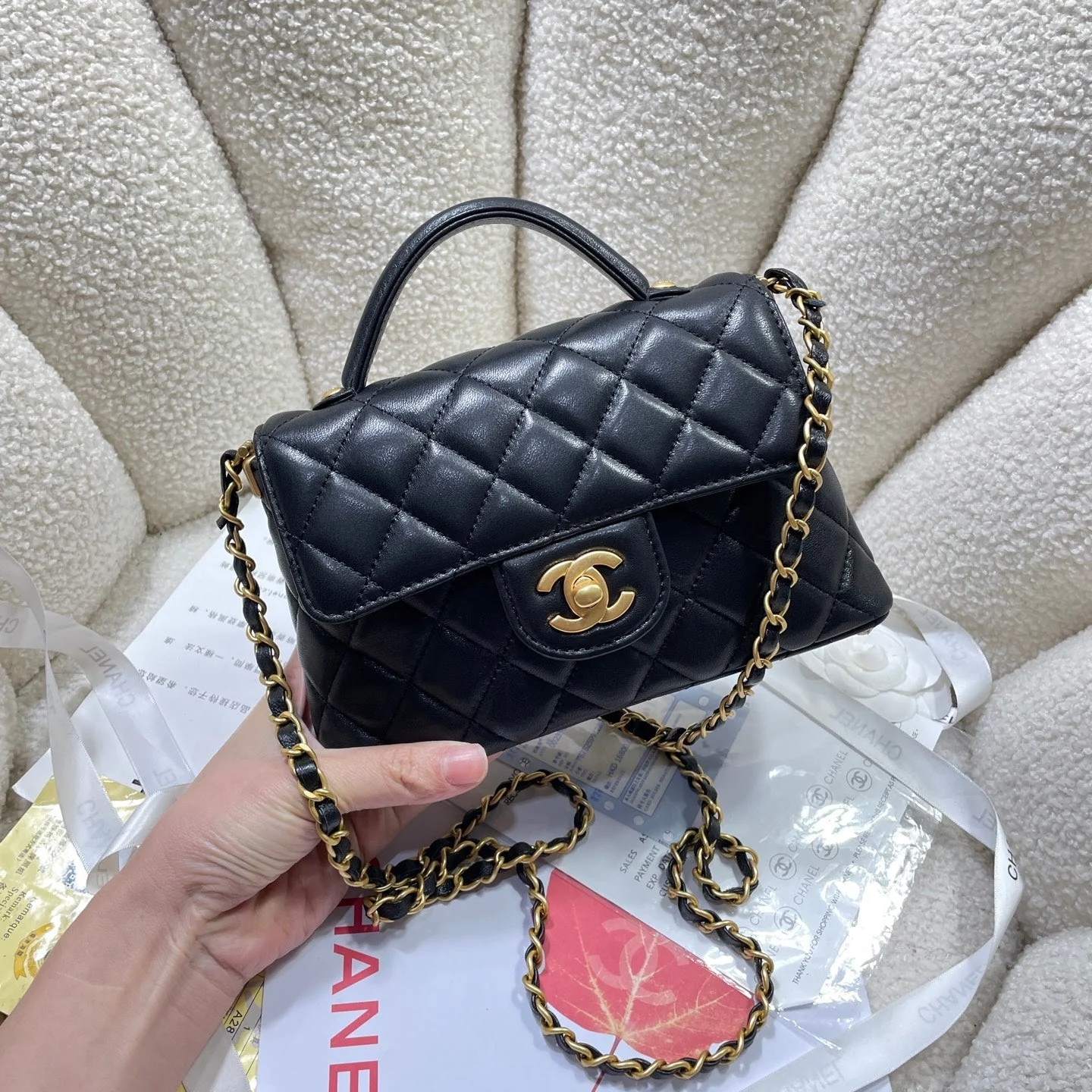 CHANEL 25P Mini Flap Bag 20cm Top Handle Black Calfskin Gold Hardware