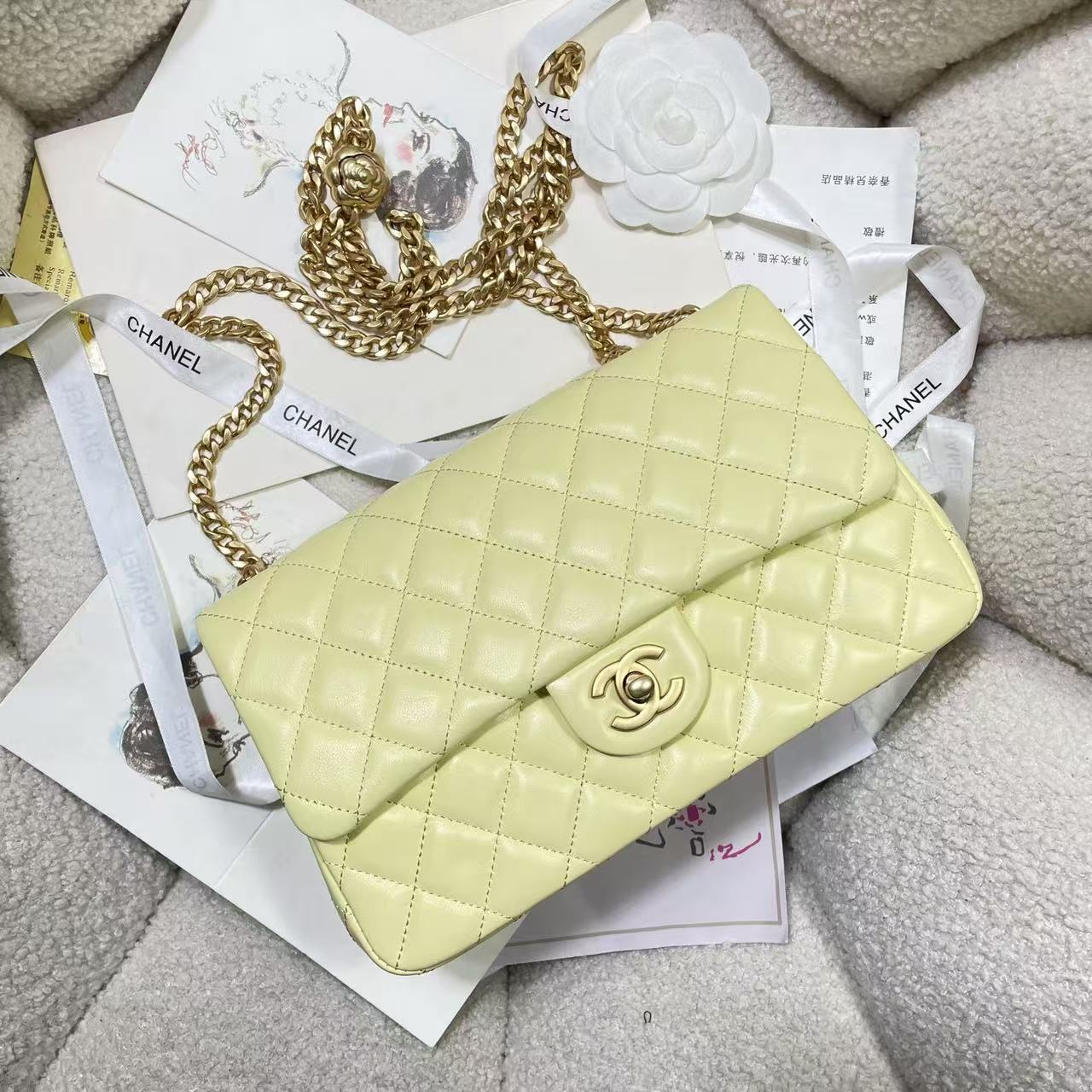 CHANEL Diamond Yellow Pastel Lambskin Leather Chain Shoulder Gold Buckle