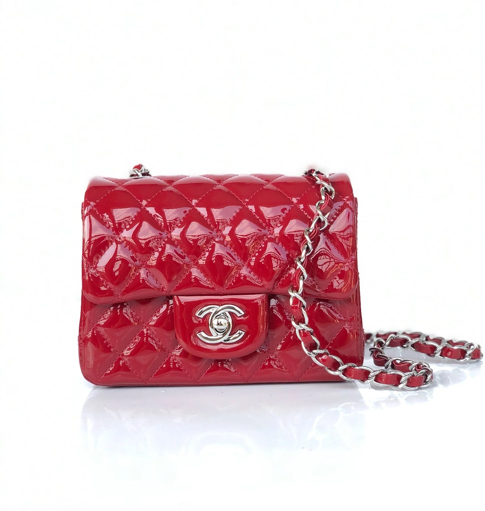 CHANEL MINI SQUARE FLAP BAG 17CM RED PATENT CALFSKIN SILVER HARDWARE
