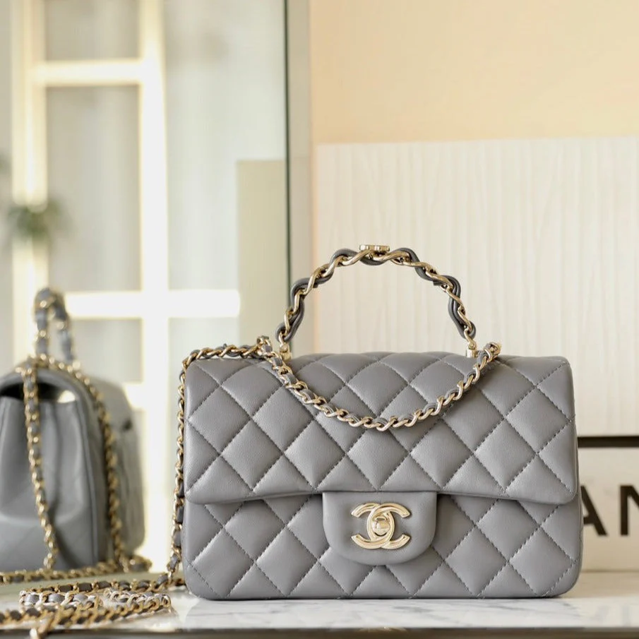 CHANEL MINI RECTANGLE FLAP BAG TOP HANDLE 20CM GREY LAMBSKIN GOLD HARDWARE