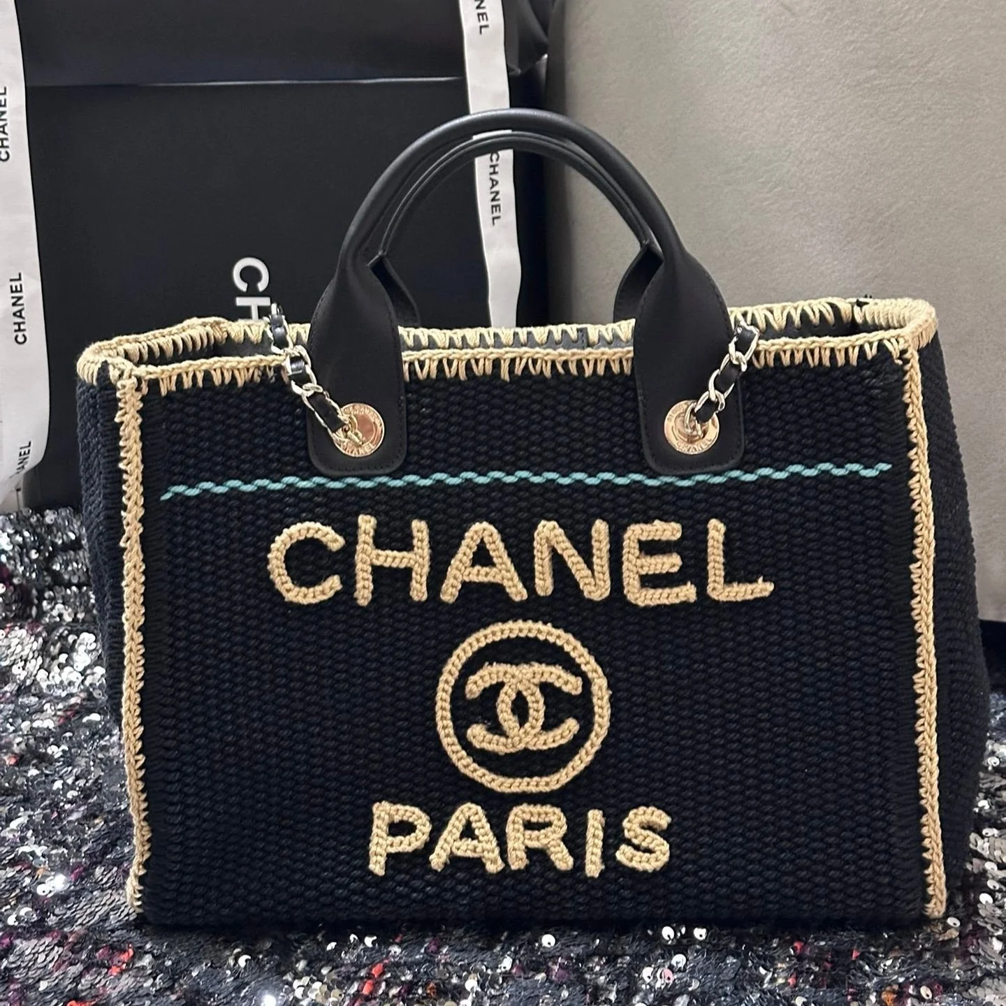 CHANEL Deauville Tote Bag 32cm Beige Black Cotton Crochet Leather Handles