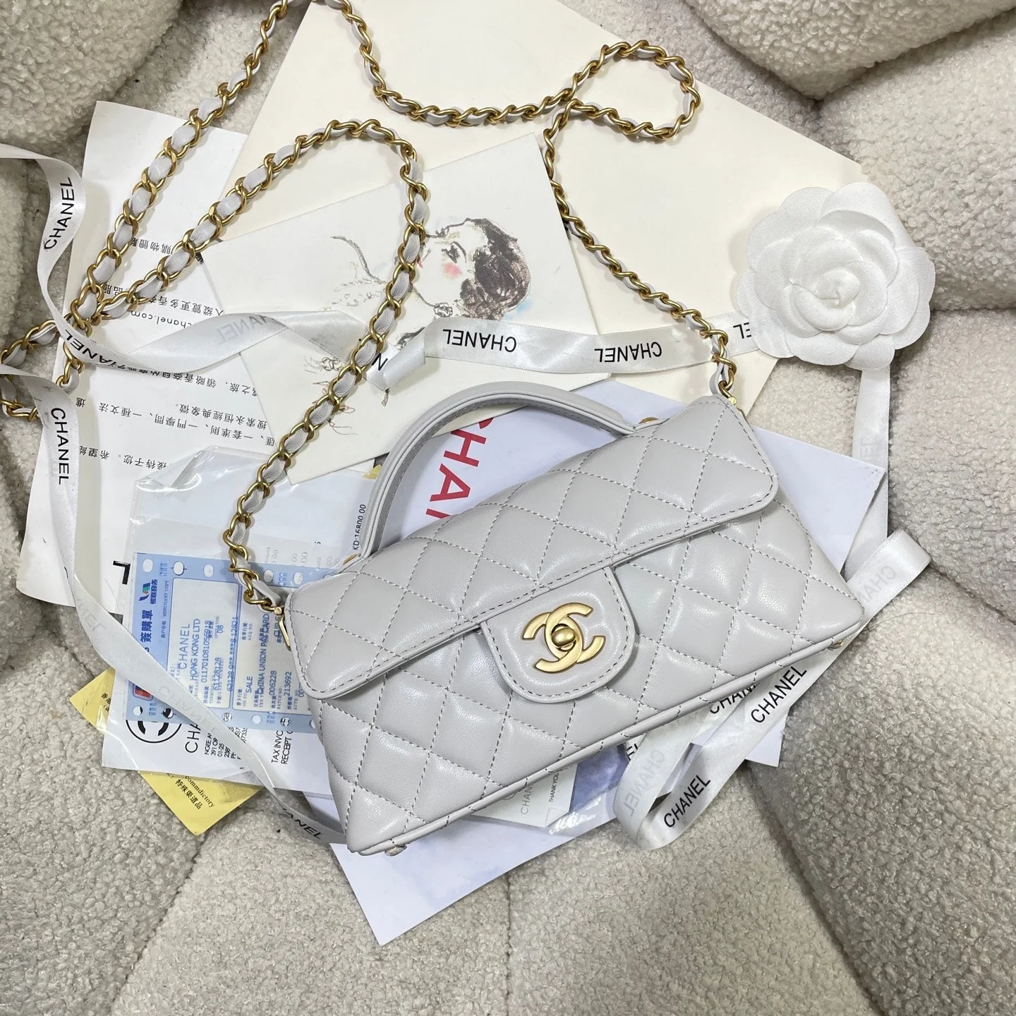 CHANEL 25P Mini Flap Bag 22cm Top Handle Grey Calfskin Gold Hardware