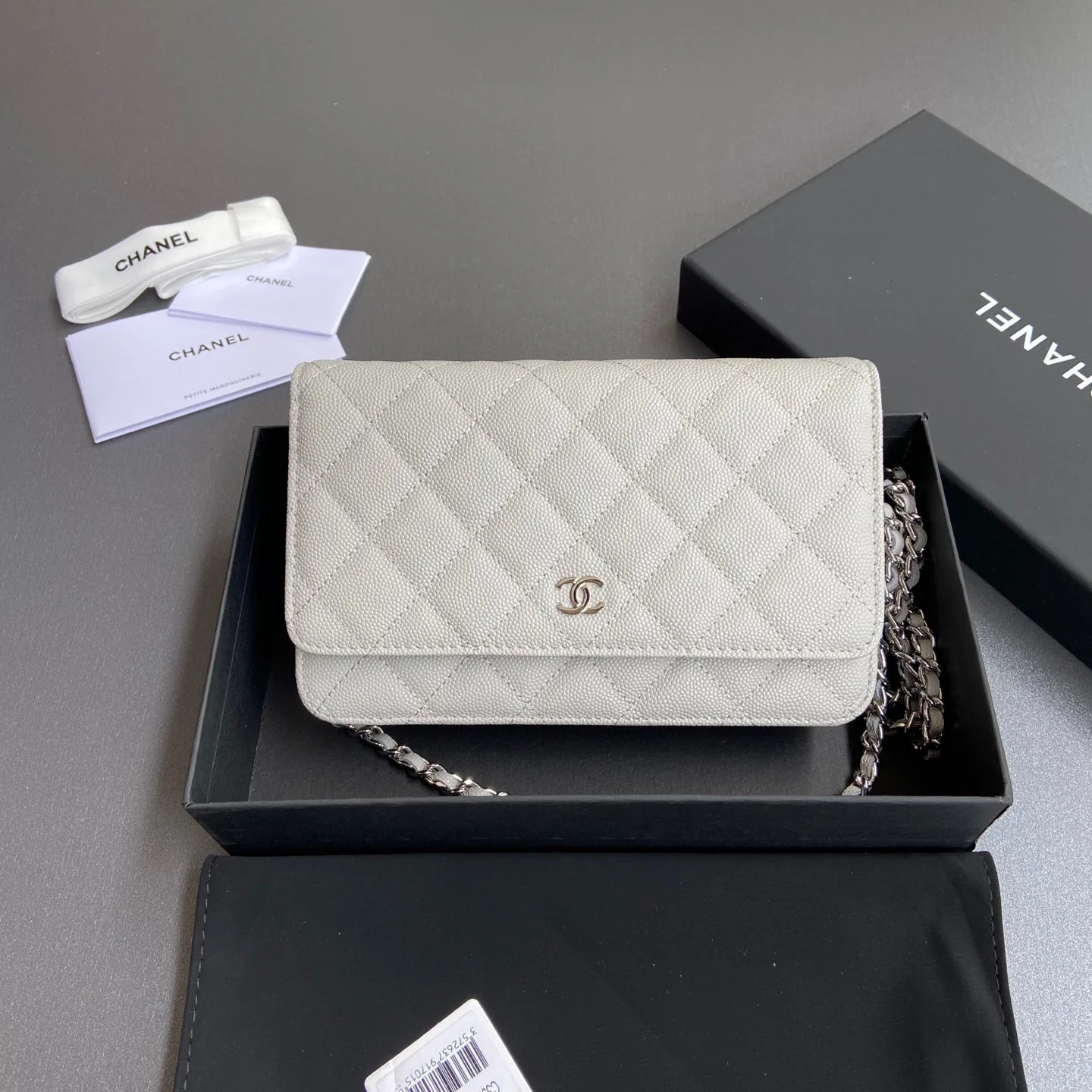 CHANEL Wallet On Chain 20cm White Caviar Leather Silver Hardware 240159