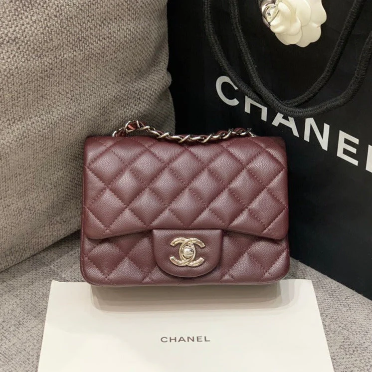 CHANEL MINI SQUARE FLAP BAG 17CM CHOCOLATE CAVIAR SILVER HARDWARE
