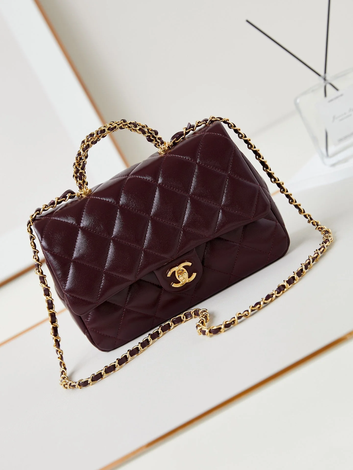 CHANEL Flap Bag With Top Handle 25cm Wine Red Sheepskin Gold Hardware 238481