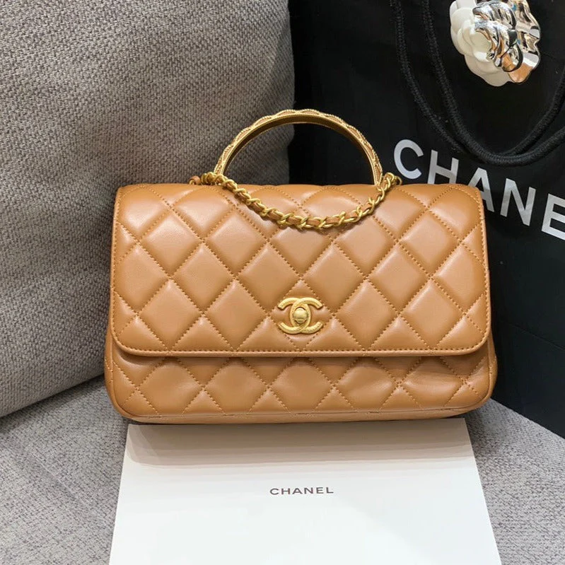 CHANEL SMALL FLAP BAG 24CM TOP HANDLE BROWN LAMBSKIN GOLD HARDWARE