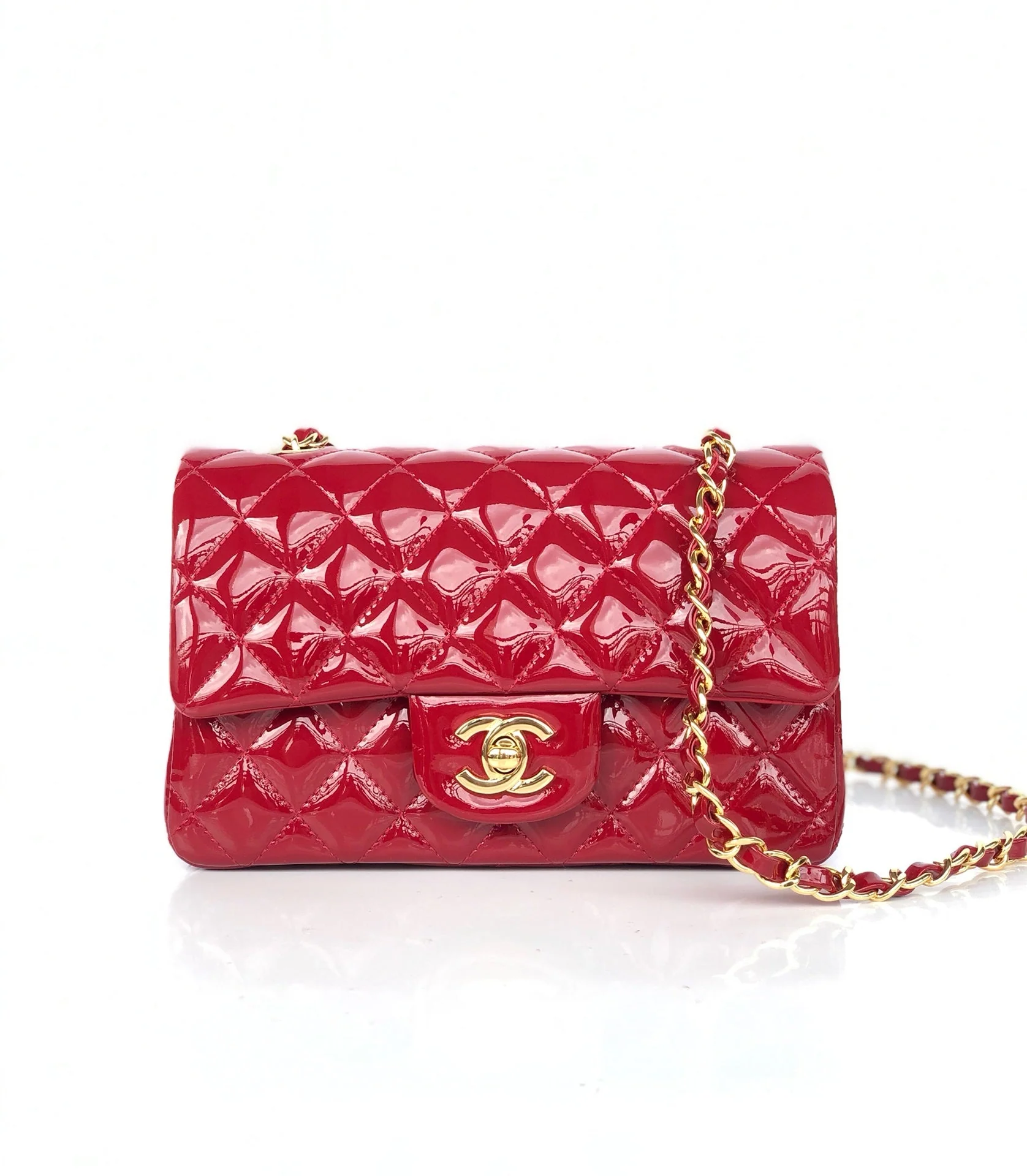 CHANEL MINI RECTANGLE FLAP BAG 20CM RED PATENT CALFSKIN GOLD HARDWARE
