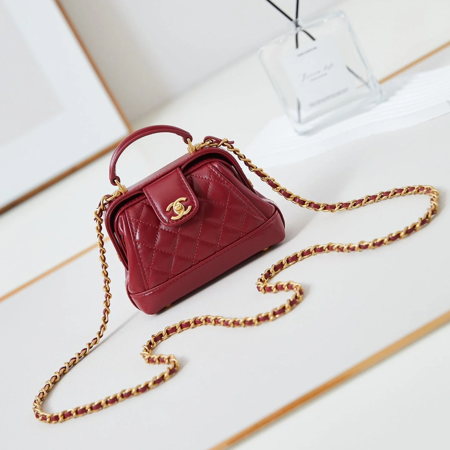 CHANEL 24A Mini Top Handle 13cm Red Wax Leather Gold Hardware 238461