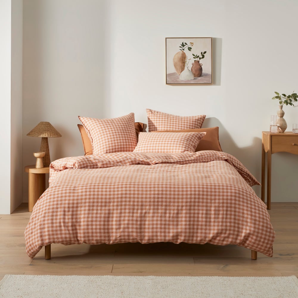 Vintage Washed Linen Caramel & Pink Check Quilt Cover + Separates