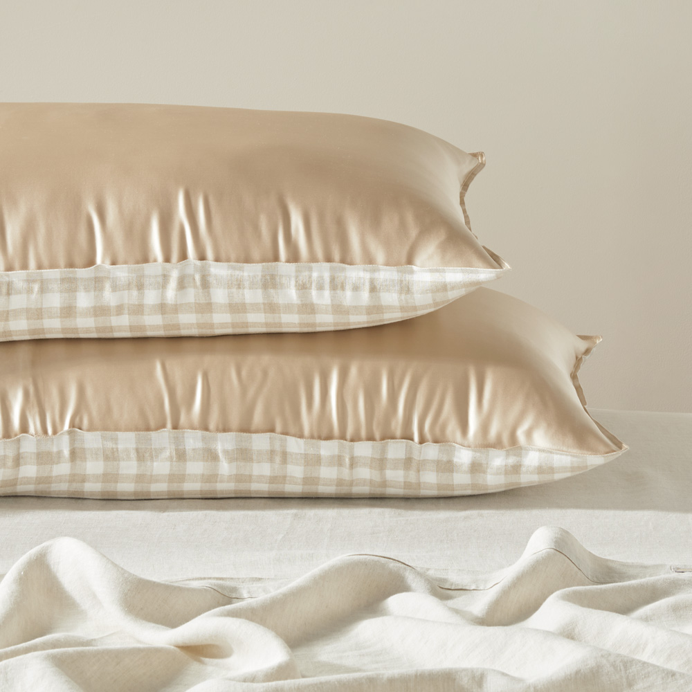 Vintage Washed Linen Silk Linen Check Pillowcase Pair