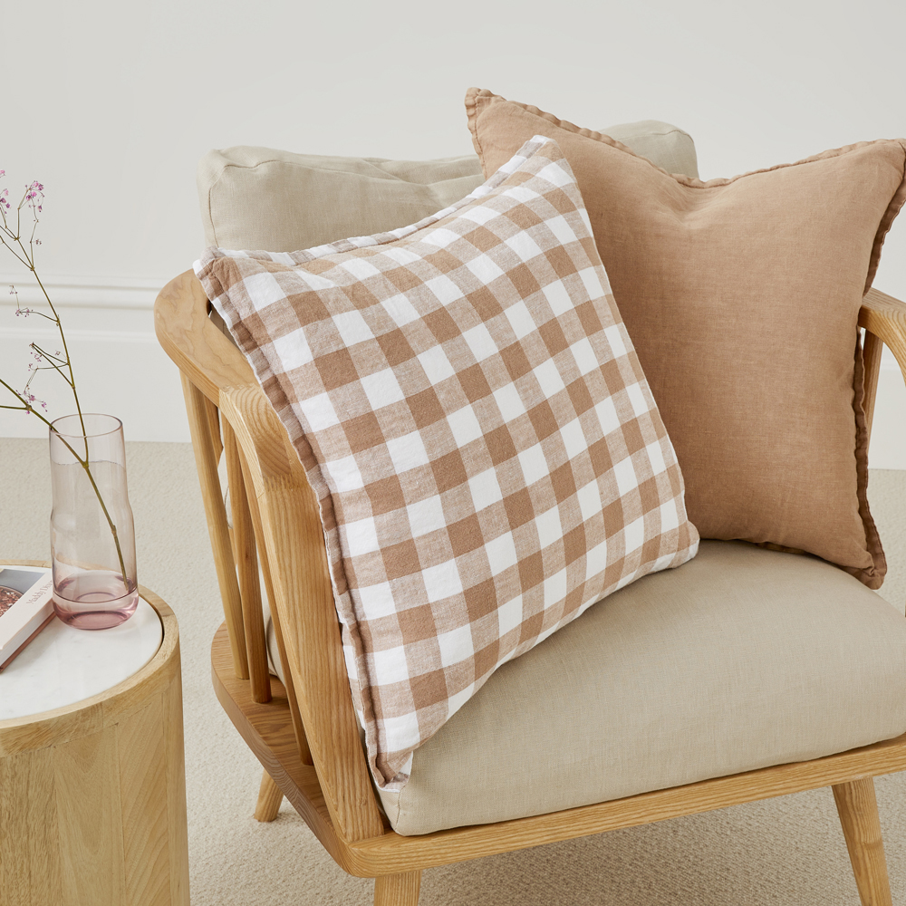 Belgian Hazelnut & White Check Vintage Washed Linen Cushion