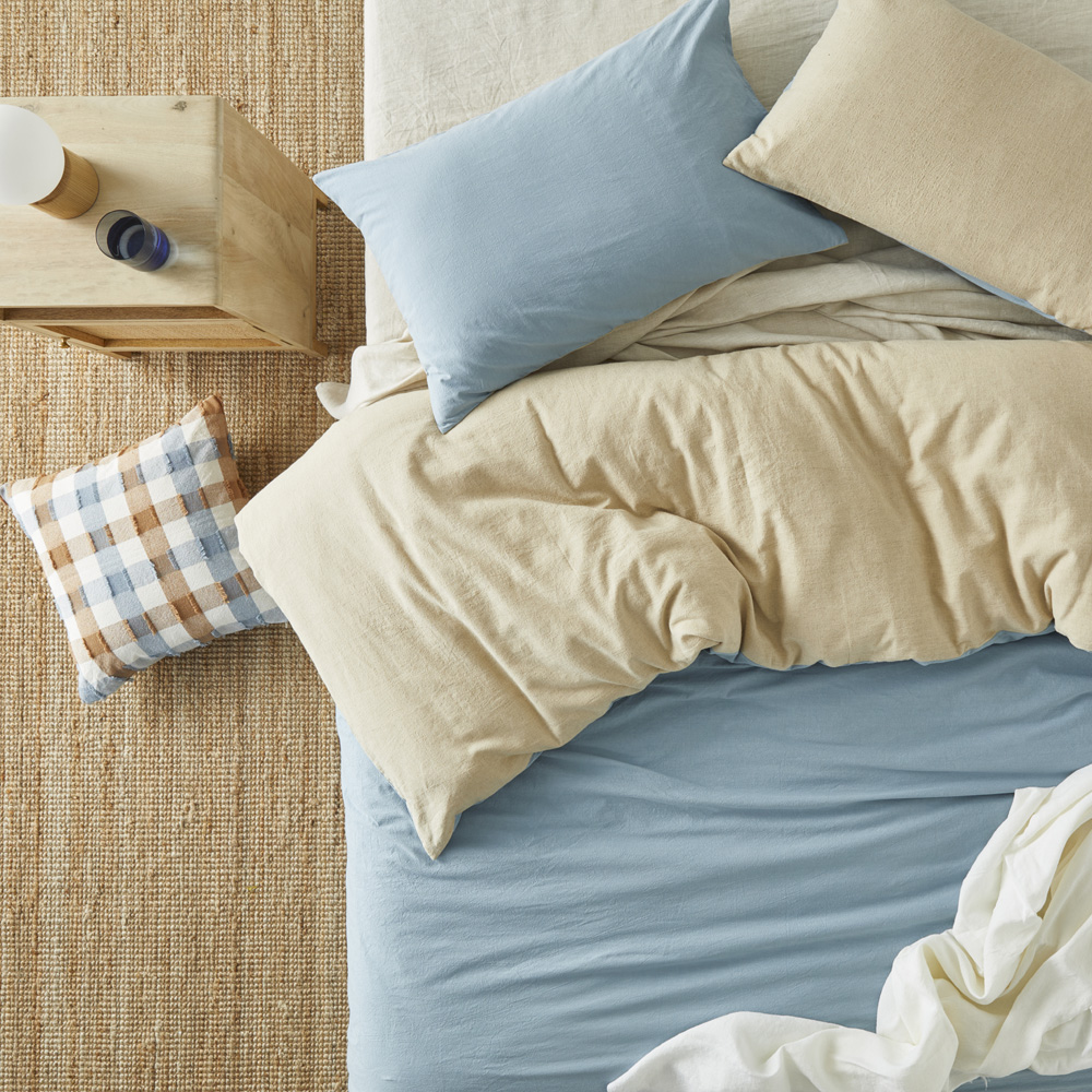 Olsen Linen Cotton Natural & Mid Blue Quilt Cover Set