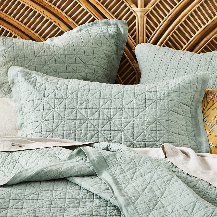 Vintage Washed Linen Eucalyptus Quilted Pillowcase