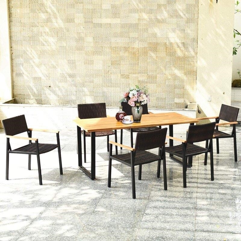 7 Pcs Outdoor Patio Rattan Dining Chair Table Set