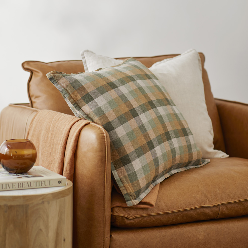 Belgian Greens Multi Check Vintage Washed Linen Cushion