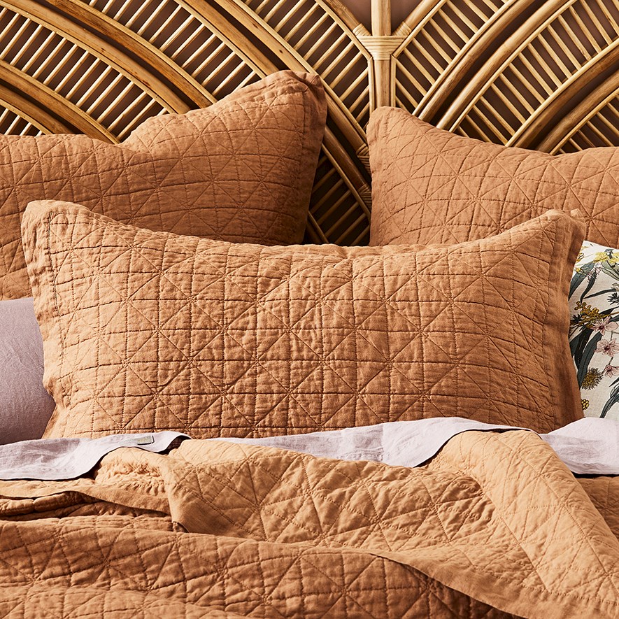 Vintage Washed Linen Caramel Quilted Pillowcase