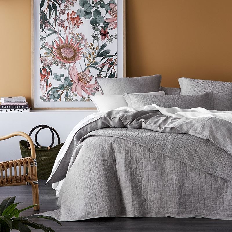 Vintage Washed Linen Grey Marle Quilted Pillowcase