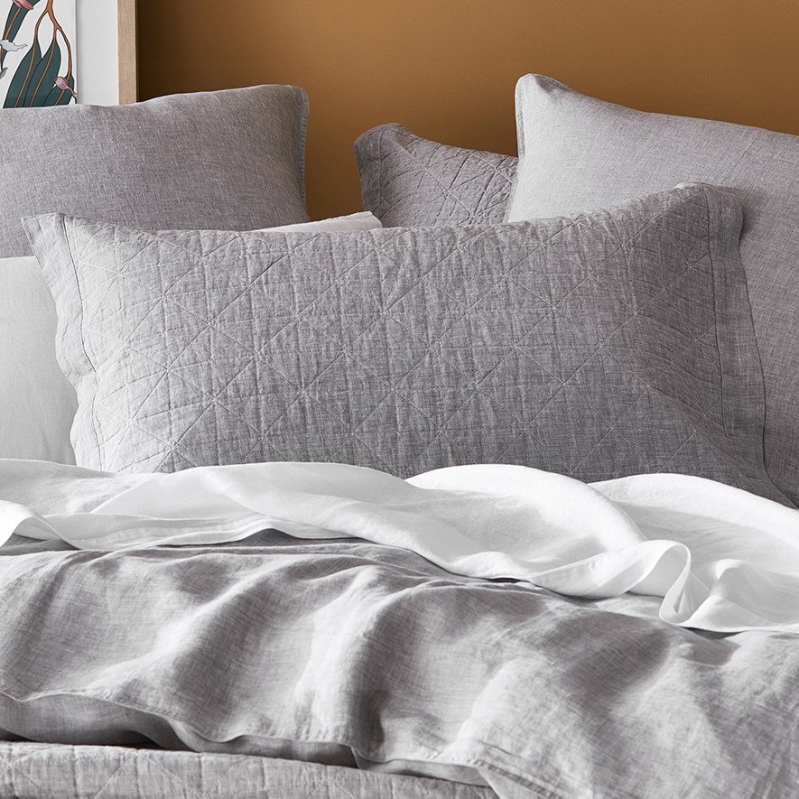 Vintage Washed Linen Grey Marle Quilted Pillowcase