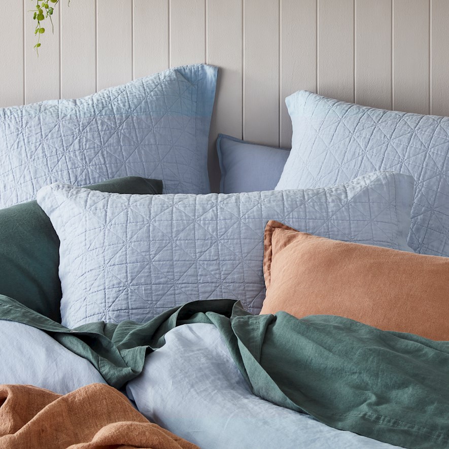 Vintage Washed Linen Dusty Blue Quilted Pillowcase