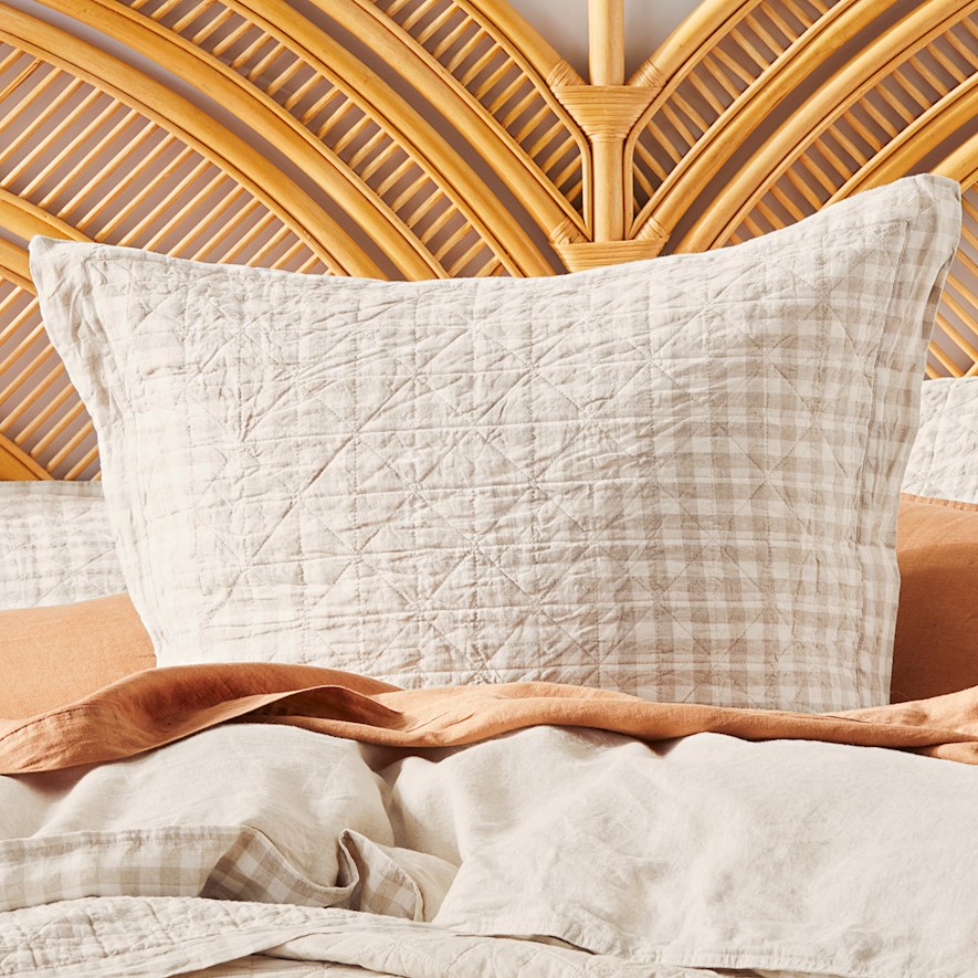 Vintage Washed Linen Check Quilted Pillowcase