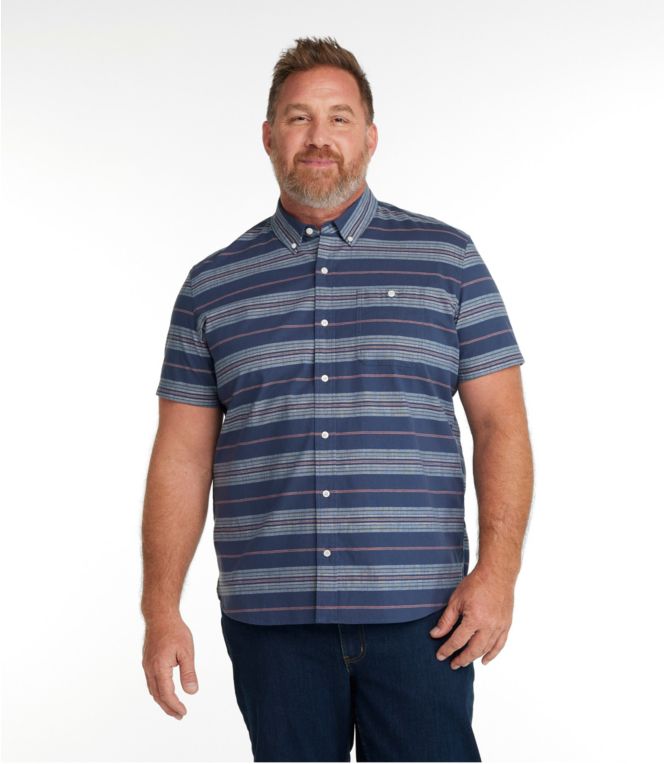 Men's Comfort Stretch Chambray Shirt, Slightly Fitted Untucked Fit, Short-Sleeve, Stripe