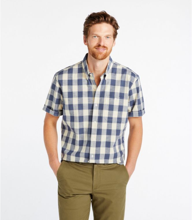 Men's Comfort Stretch Chambray Shirt, Traditional Untucked Fit, Short-Sleeve, Plaid