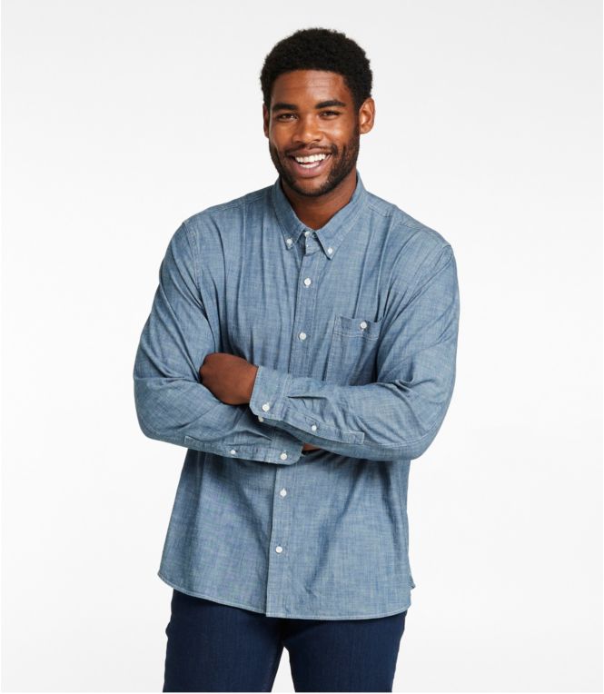 Men's Comfort Stretch Chambray Shirt, Long-Sleeve, Slightly Fitted Untucked Fit
